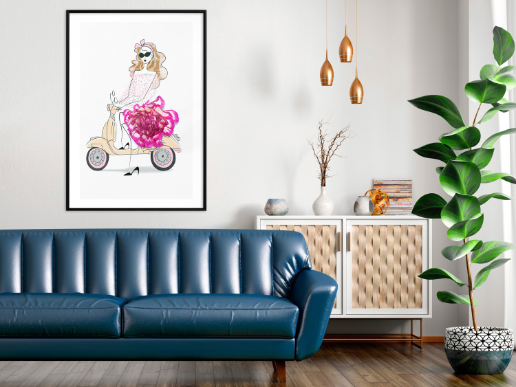 Wall Poster Girl on Scooter - abstract woman with flower on white background 127837 additionalImage 18