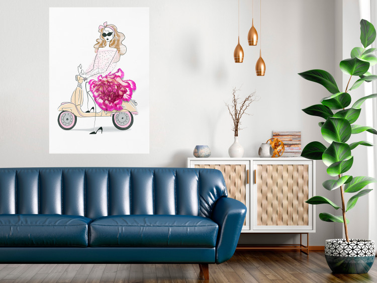 Wall Poster Girl on Scooter - abstract woman with flower on white background 127837 additionalImage 2