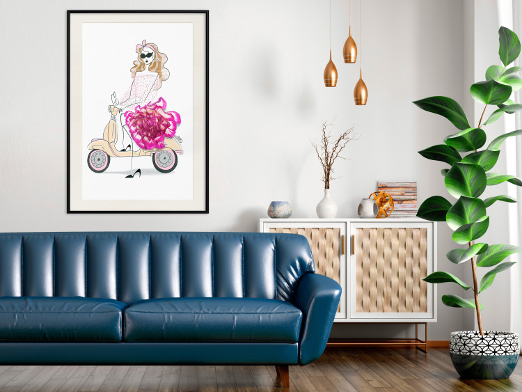 Wall Poster Girl on Scooter - abstract woman with flower on white background 127837 additionalImage 24
