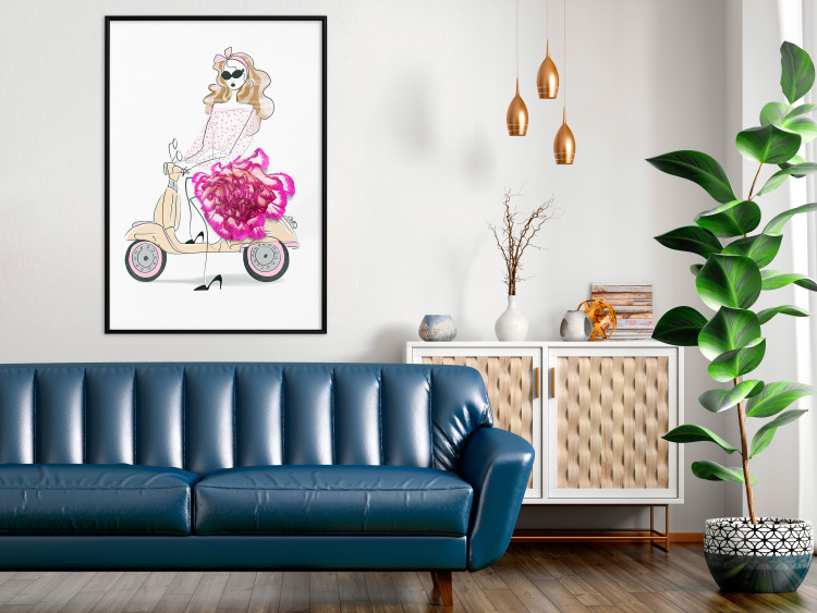 Wall Poster Girl on Scooter - abstract woman with flower on white background 127837 additionalImage 4