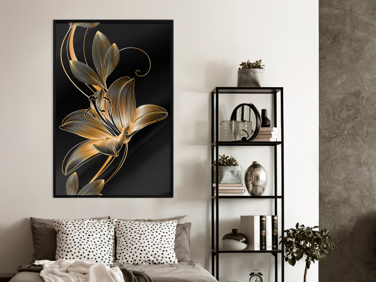 Wall Poster Delicacy of Lilies - abstract golden lily on a solid black background 130337 additionalImage 6