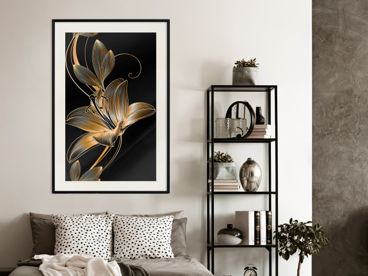 Wall Poster Delicacy of Lilies - abstract golden lily on a solid black background 130337 additionalImage 25