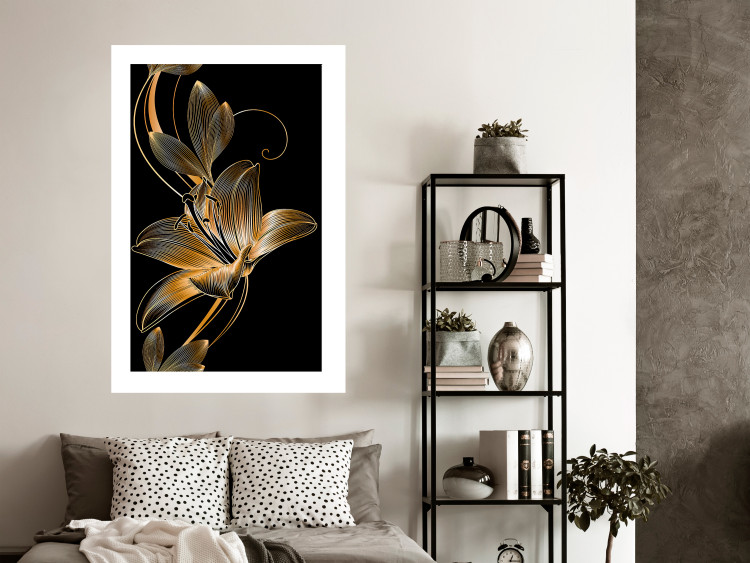 Wall Poster Delicacy of Lilies - abstract golden lily on a solid black background 130337 additionalImage 8
