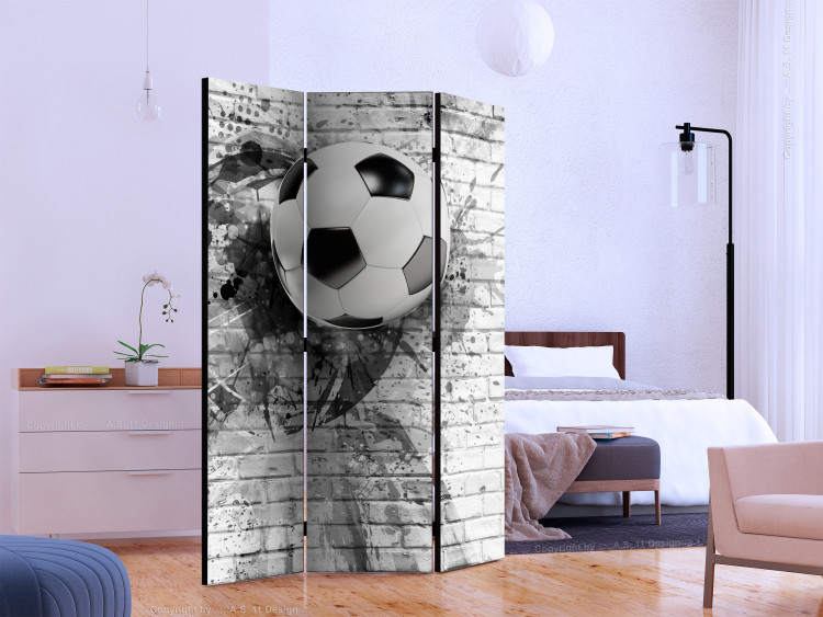 Room Divider Football Dynamics (3-piece) - black and white soccer ball on brick 132537 additionalImage 2