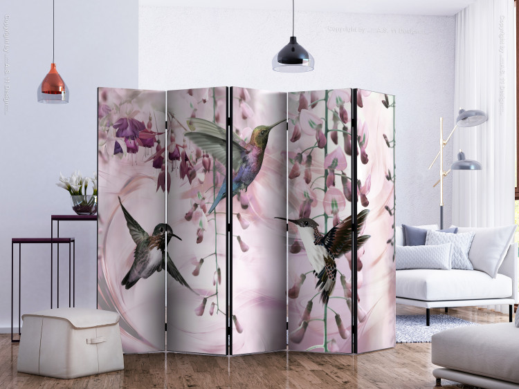 Room Divider Screen Flying hummingbirds (pink) II (5-piece) - colorful birds amidst nature 132637 additionalImage 2
