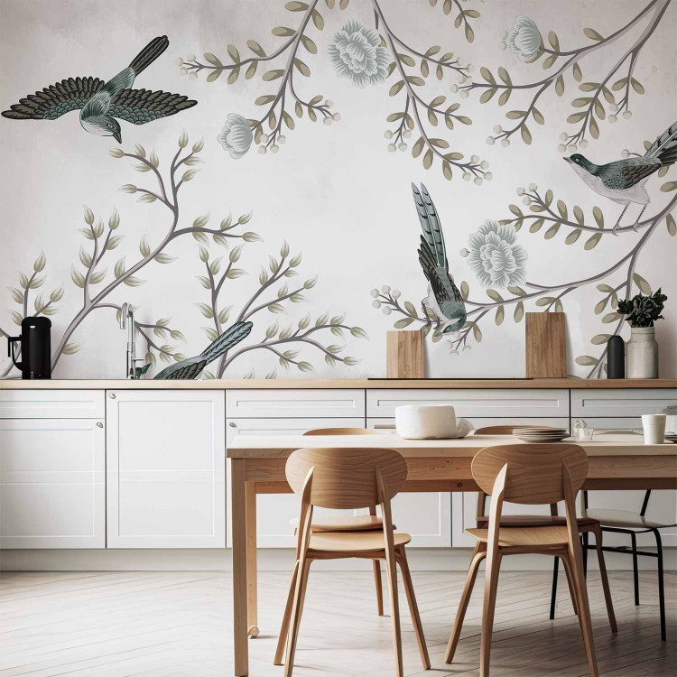 Wall Mural Birds in the garden - minimalist tree landscape with leaves and flowers 138837 additionalImage 6