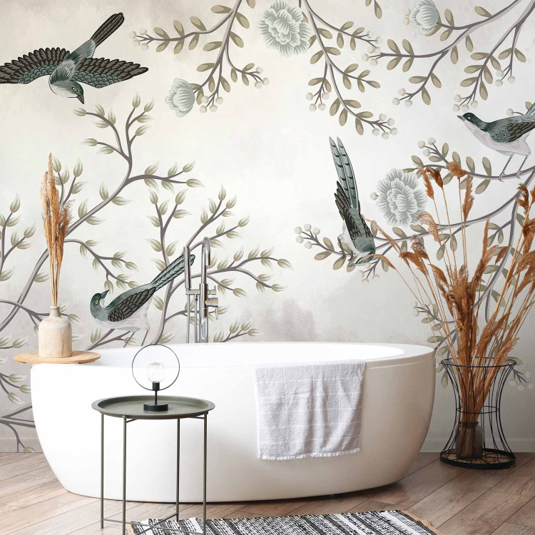 Wall Mural Birds in the garden - minimalist tree landscape with leaves and flowers 138837 additionalImage 8