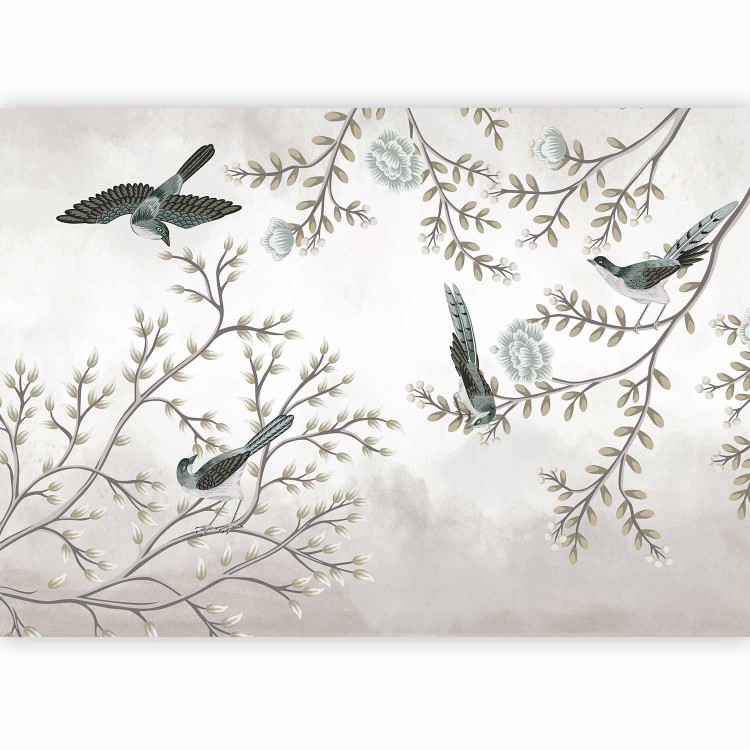 Wall Mural Birds in the garden - minimalist tree landscape with leaves and flowers 138837 additionalImage 1