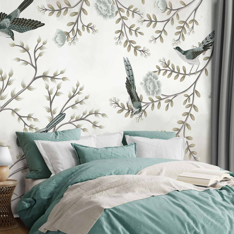 Wall Mural Birds in the garden - minimalist tree landscape with leaves and flowers 138837 additionalImage 2