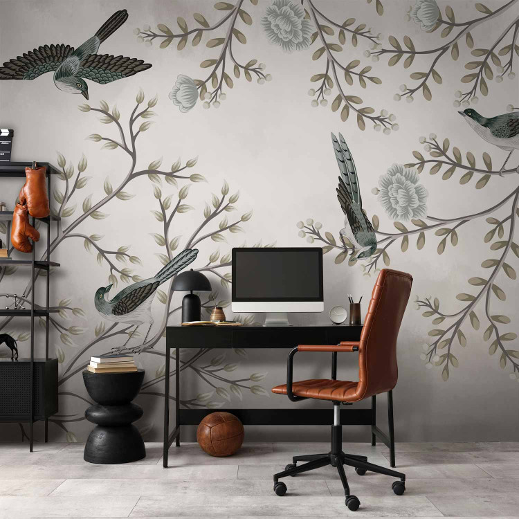 Wall Mural Birds in the garden - minimalist tree landscape with leaves and flowers 138837 additionalImage 4