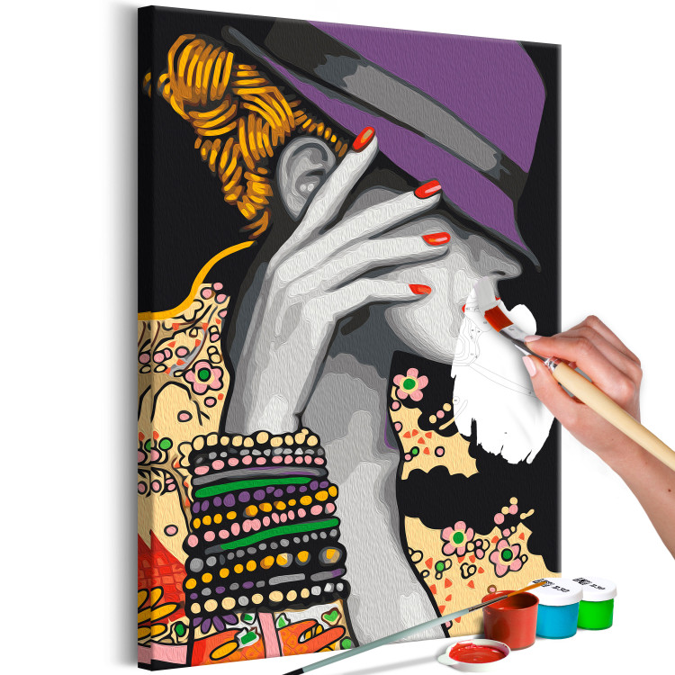 Paint by Number Kit Japanese Elegance - Woman in a Purple Hat and a Colorful Shirt 144137 additionalImage 4