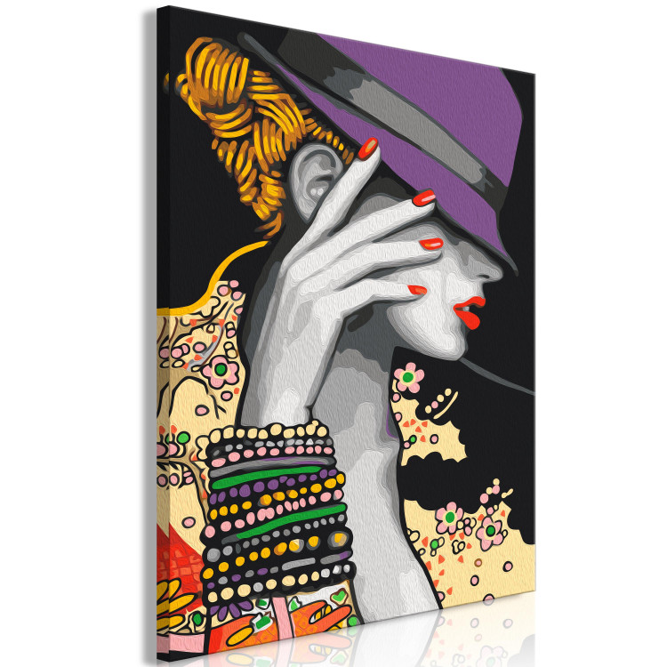 Paint by Number Kit Japanese Elegance - Woman in a Purple Hat and a Colorful Shirt 144137 additionalImage 3