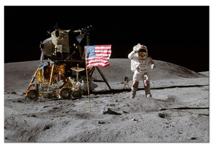 Large canvas print Moon Landing - Photo of the Ship, Flag and Astronaut in Space 146437