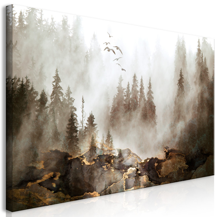 Canvas Departing Birds (1-piece) - landscape with misty forest in sepia 148837 additionalImage 2