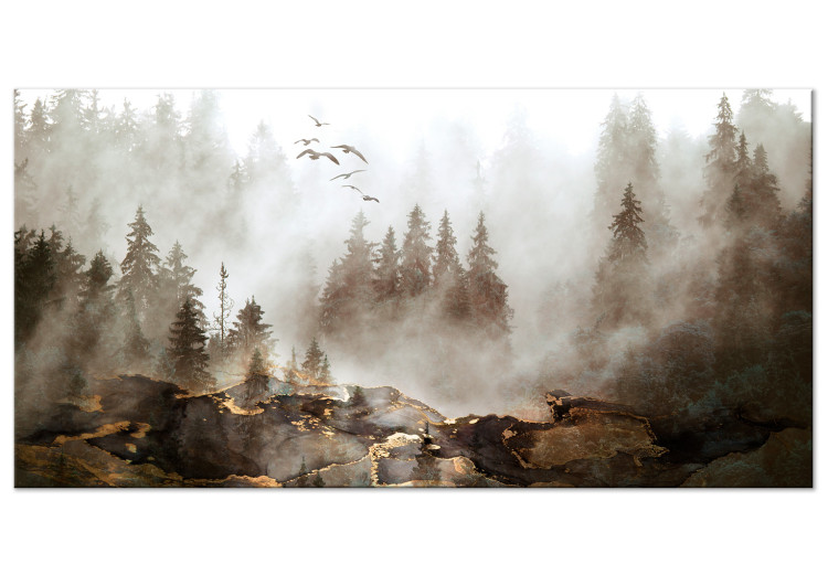 Canvas Departing Birds (1-piece) - landscape with misty forest in sepia 148837
