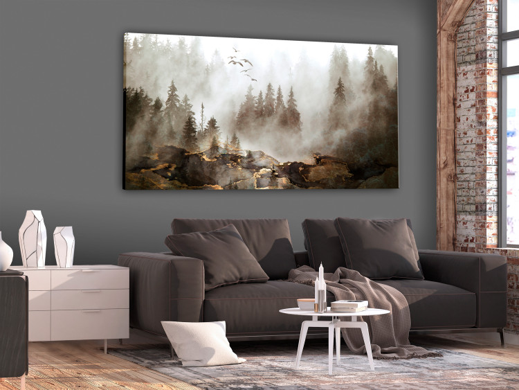 Canvas Departing Birds (1-piece) - landscape with misty forest in sepia 148837 additionalImage 3