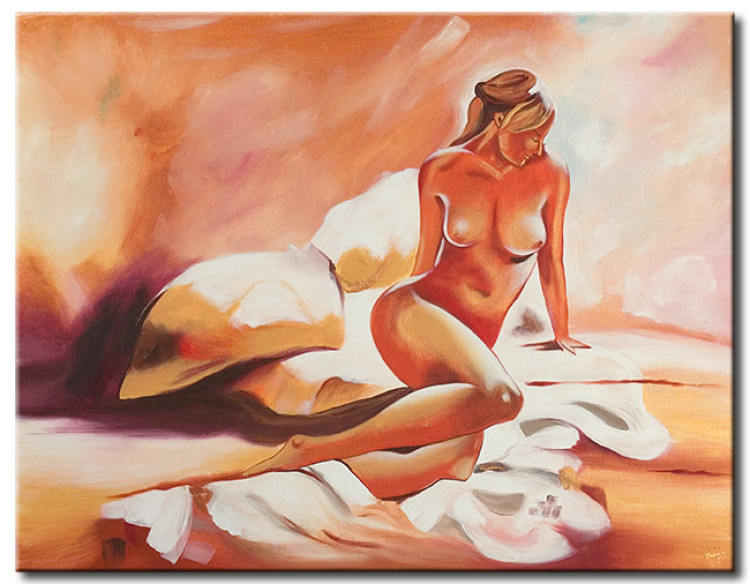 Canvas Print In Bed (1-piece) - nude portrait of a woman on an orange background 47537
