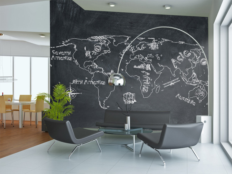 Photo Wallpaper World Map - Continents on a Black Background with text in Czech 60037