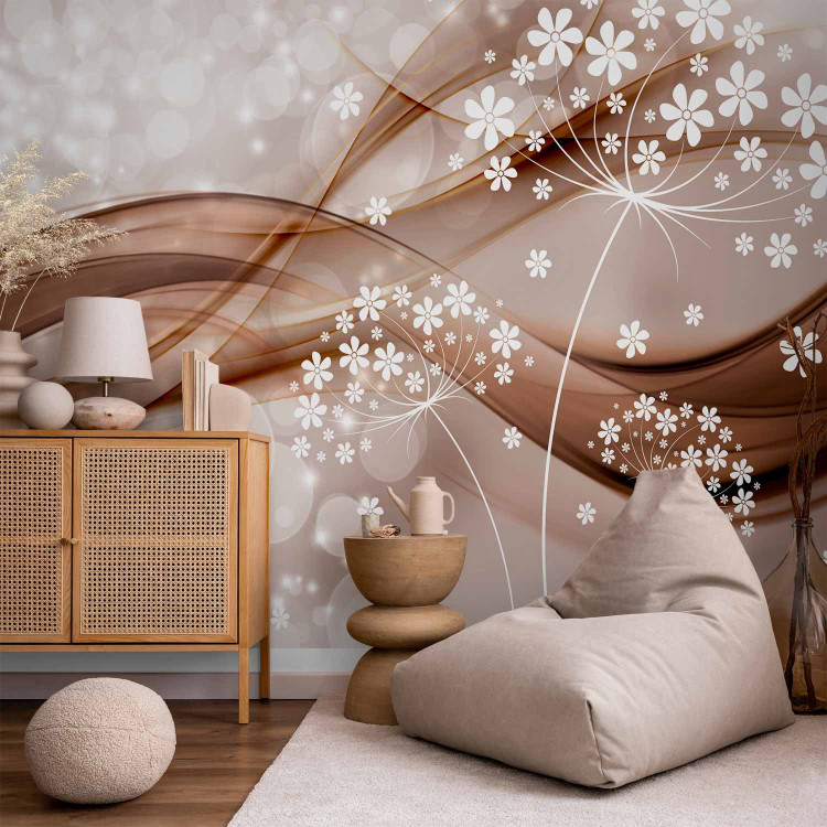 Photo Wallpaper Composition with sparkle - white graphic flowers with wave in pink aura 66237
