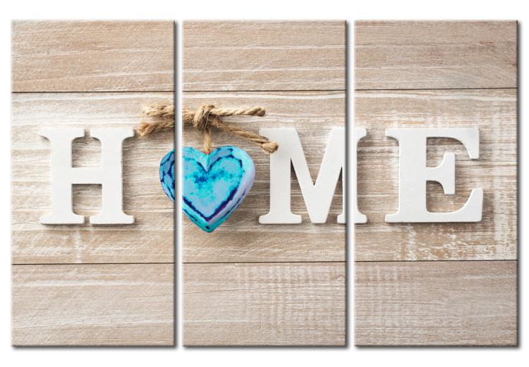 Canvas Print Heart of Home in Retro (3-part) - English Text on Wooden Background 94837
