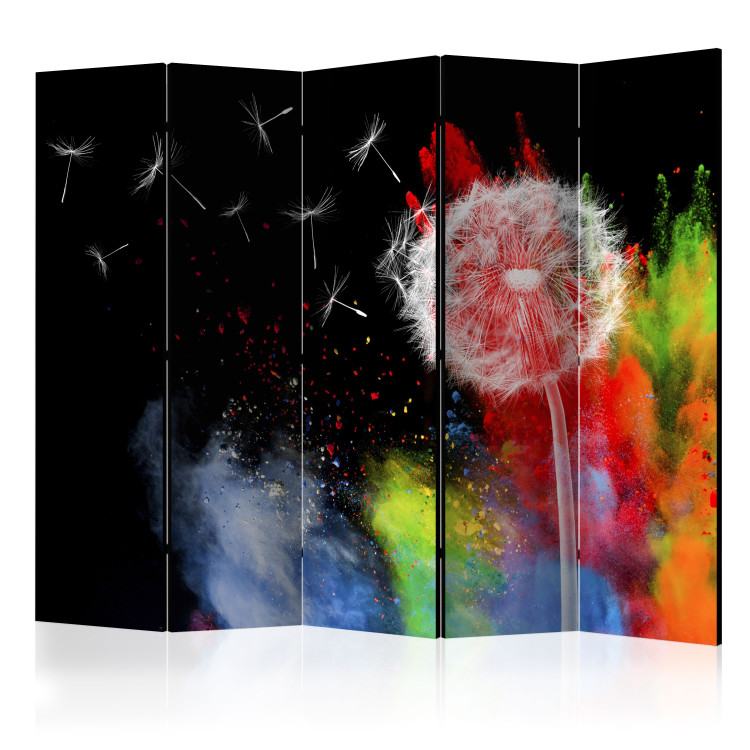 Folding Screen Colorful Element II - dandelion flower in colorful smoke on a black background 95237