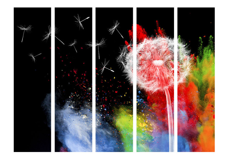 Folding Screen Colorful Element II - dandelion flower in colorful smoke on a black background 95237 additionalImage 3