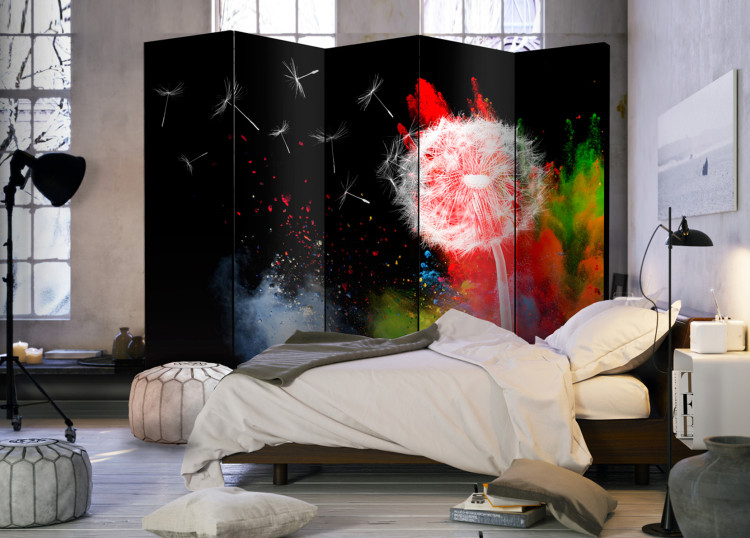 Folding Screen Colorful Element II - dandelion flower in colorful smoke on a black background 95237 additionalImage 2
