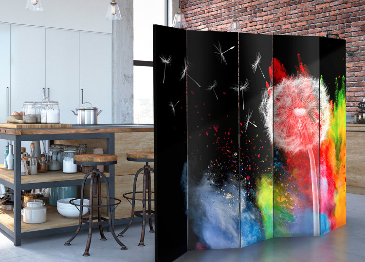 Folding Screen Colorful Element II - dandelion flower in colorful smoke on a black background 95237 additionalImage 4