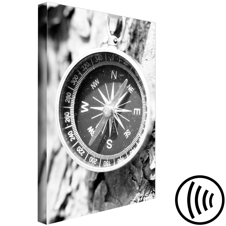 Canvas Art Print Direction of the Road (1-part) - Black and White Compass on Tree Background 114847 additionalImage 6