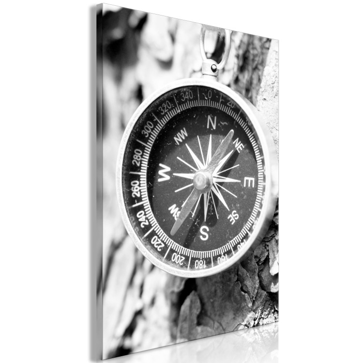 Canvas Art Print Direction of the Road (1-part) - Black and White Compass on Tree Background 114847 additionalImage 2