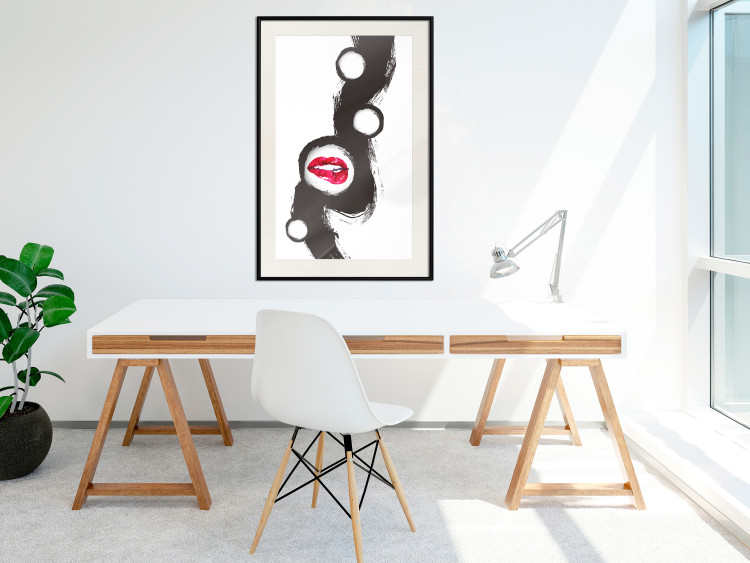 Wall Poster Bitten lips - black and white abstraction with a touch of red 115047 additionalImage 22