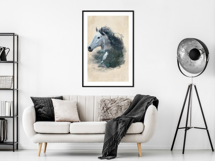 Wall Poster Messenger of Freedom - gray horse surrounded by nature on a beige texture 130447 additionalImage 18