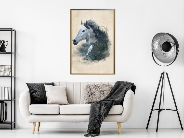 Wall Poster Messenger of Freedom - gray horse surrounded by nature on a beige texture 130447 additionalImage 11
