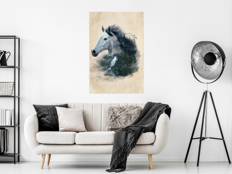 Wall Poster Messenger of Freedom - gray horse surrounded by nature on a beige texture 130447 additionalImage 9