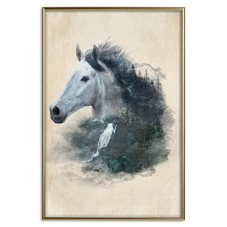 Wall Poster Messenger of Freedom - gray horse surrounded by nature on a beige texture 130447 additionalImage 17