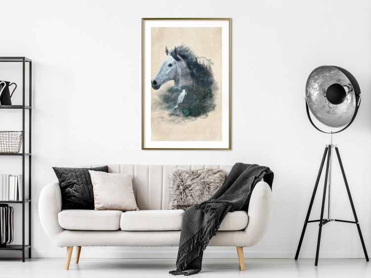 Wall Poster Messenger of Freedom - gray horse surrounded by nature on a beige texture 130447 additionalImage 13