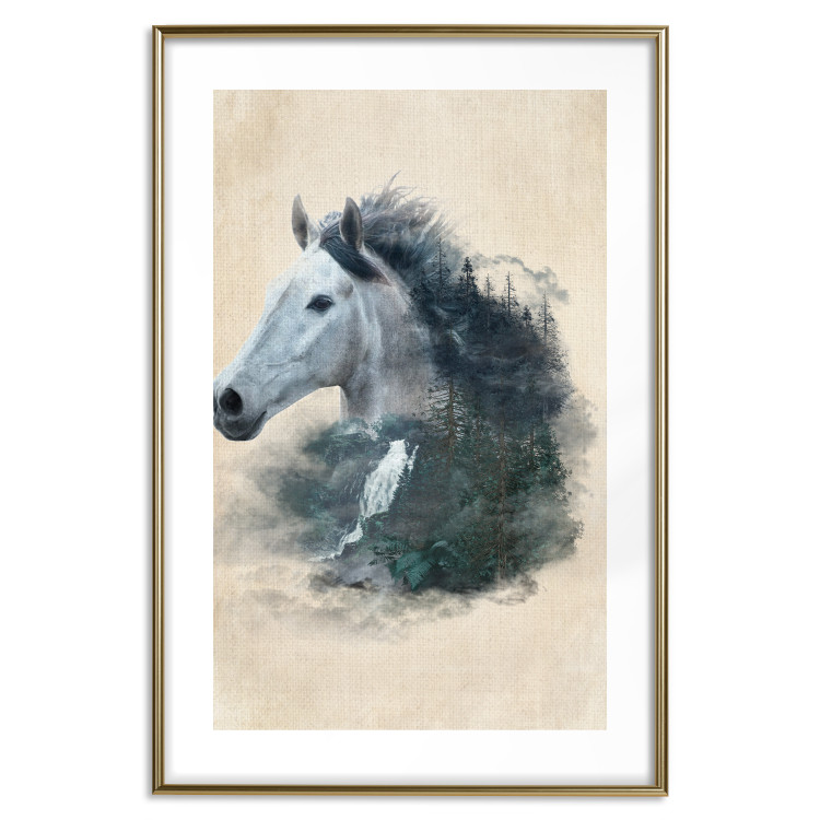 Wall Poster Messenger of Freedom - gray horse surrounded by nature on a beige texture 130447 additionalImage 14