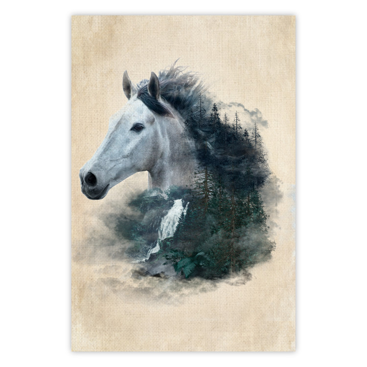 Wall Poster Messenger of Freedom - gray horse surrounded by nature on a beige texture 130447