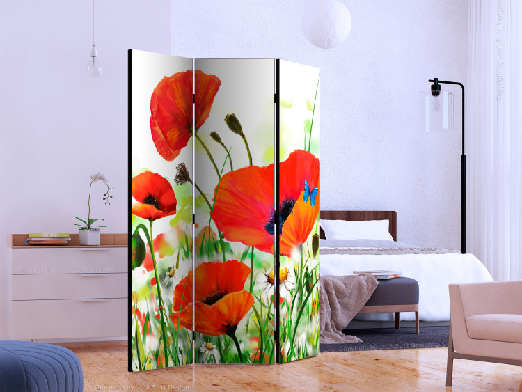 Room Divider Screen Country poppies (3-piece) - red poppies on a colorful meadow 132647 additionalImage 2