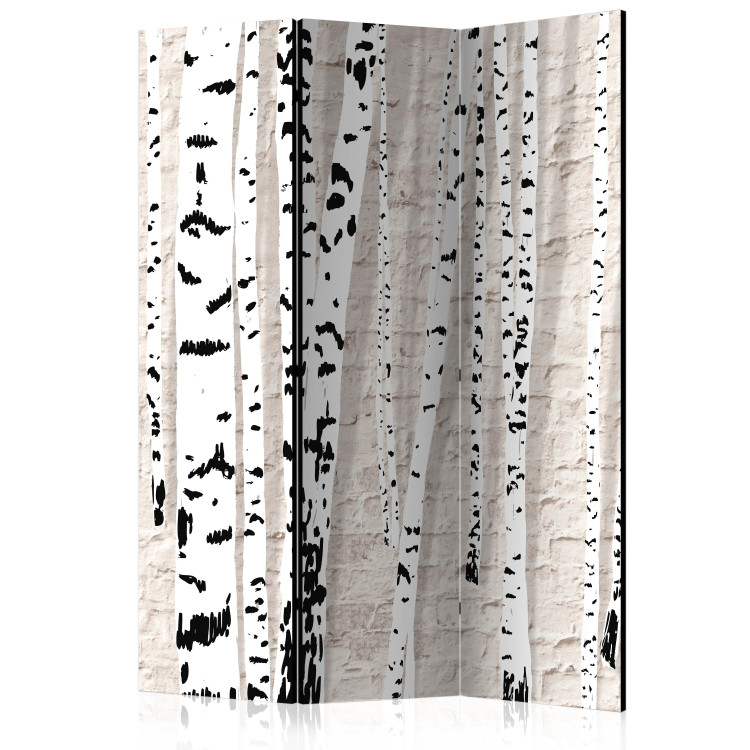 Folding Screen Birch Grove (3-piece) - forest trees against a light beige brick background 133147