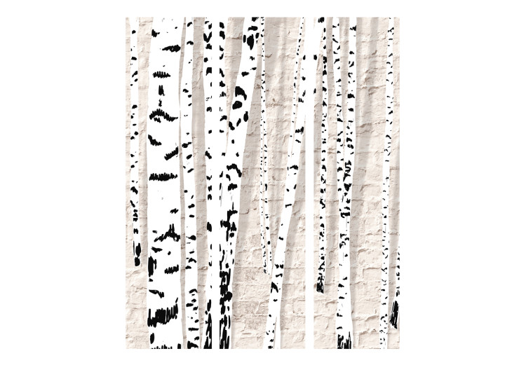 Folding Screen Birch Grove (3-piece) - forest trees against a light beige brick background 133147 additionalImage 3