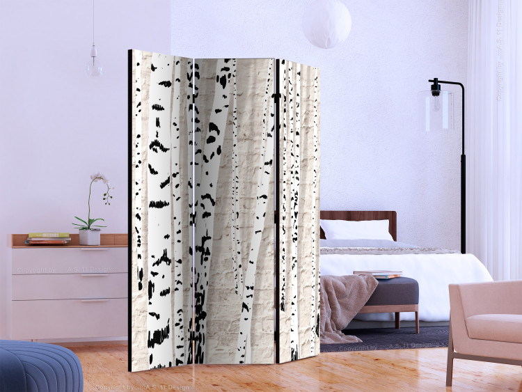 Folding Screen Birch Grove (3-piece) - forest trees against a light beige brick background 133147 additionalImage 2