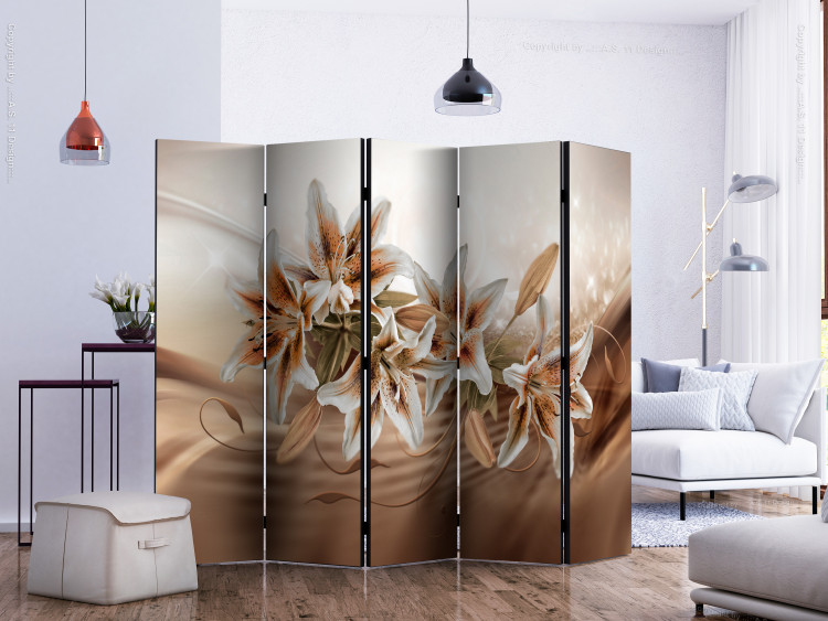 Folding Screen Chocolate Lilies II - white-orange flowers on an abstract background 133747 additionalImage 2