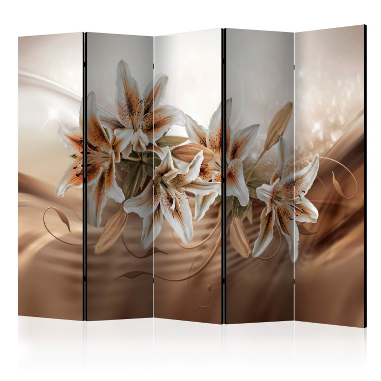 Folding Screen Chocolate Lilies II - white-orange flowers on an abstract background 133747