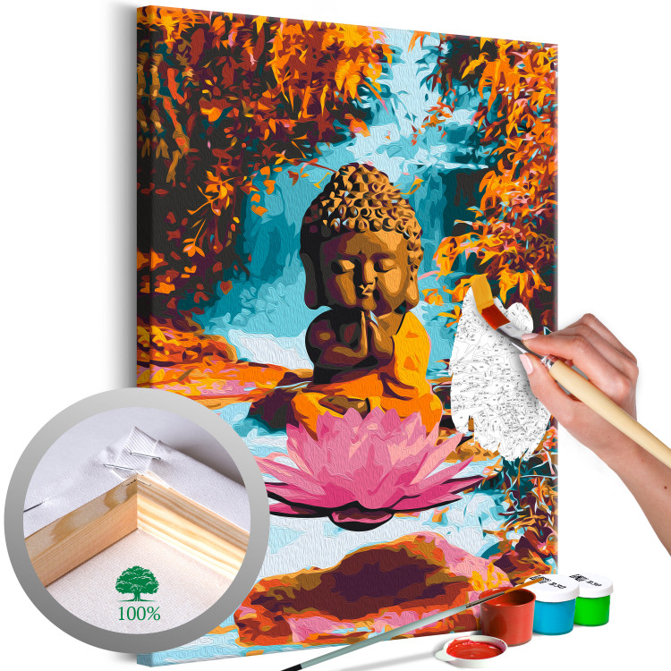 Paint by Number Kit Autumn Zen - A Small Buddha in a Lotus Flower with a Waterfall in the Background 146547