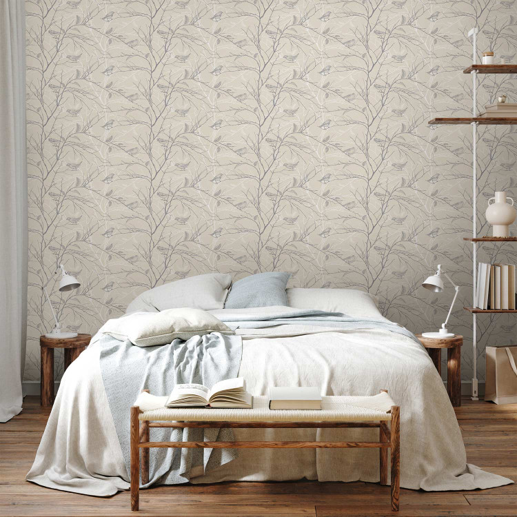 Modern Wallpaper Forest Pattern - Gray Birds on Twigs on a Beige Background 150047 additionalImage 4
