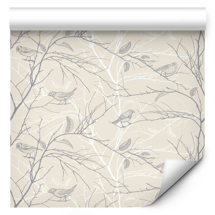 Modern Wallpaper Forest Pattern - Gray Birds on Twigs on a Beige Background 150047 additionalImage 1