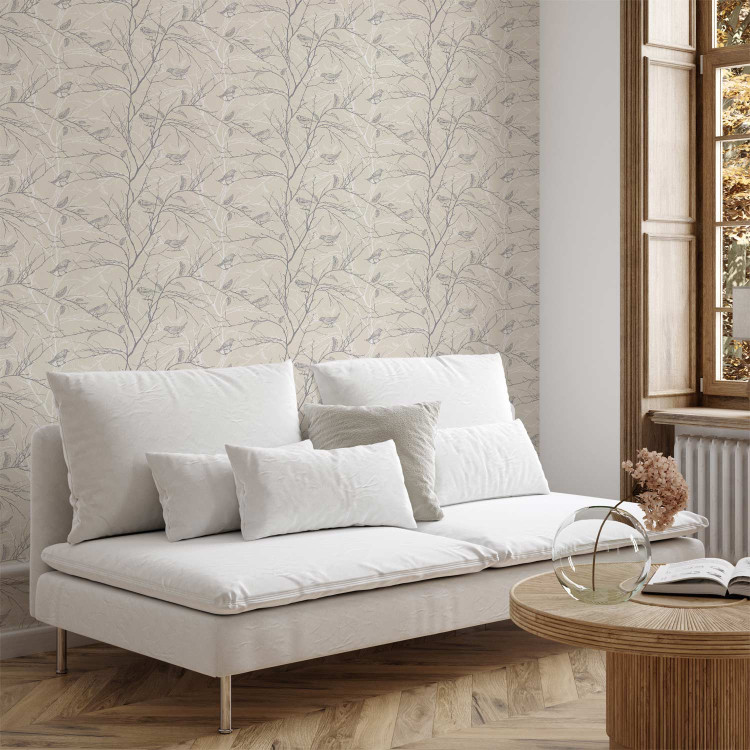 Modern Wallpaper Forest Pattern - Gray Birds on Twigs on a Beige Background 150047