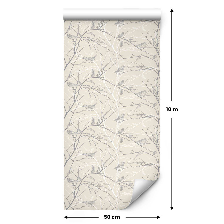 Modern Wallpaper Forest Pattern - Gray Birds on Twigs on a Beige Background 150047 additionalImage 2