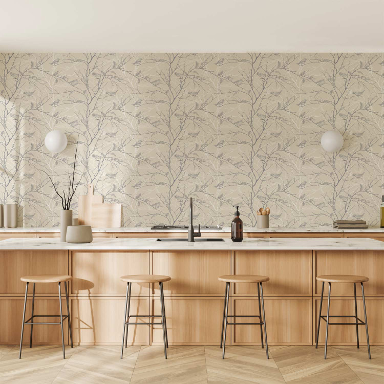Modern Wallpaper Forest Pattern - Gray Birds on Twigs on a Beige Background 150047 additionalImage 8
